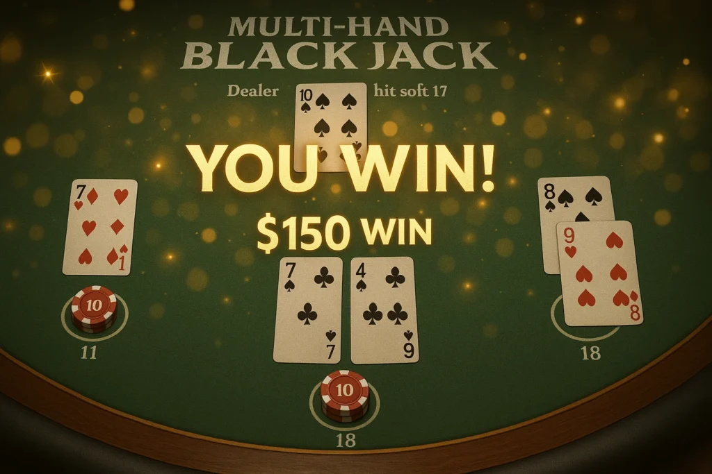 Win animation showing 21 in multi-hand blackjack online