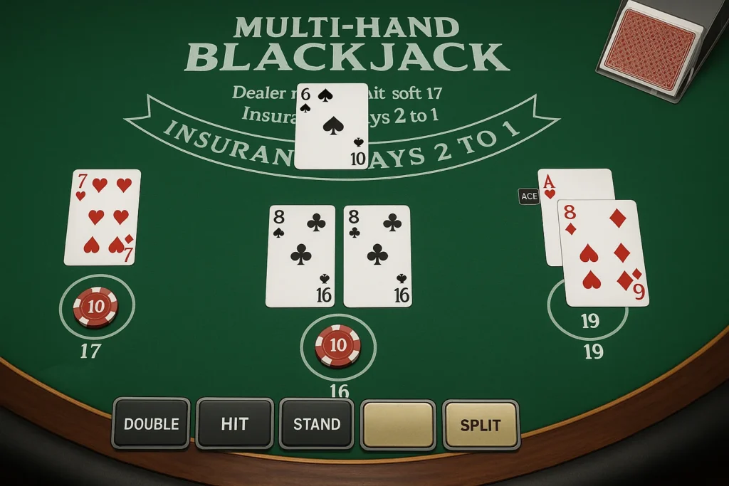 Multi-hand blackjack table layout with five active hands in play
